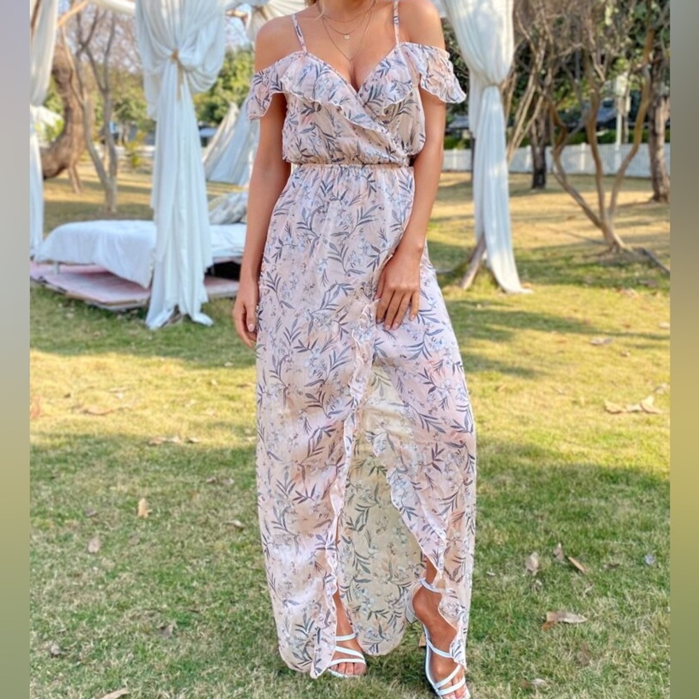 SHEIN Pink Floral Off-Shoulder Maxi Dress